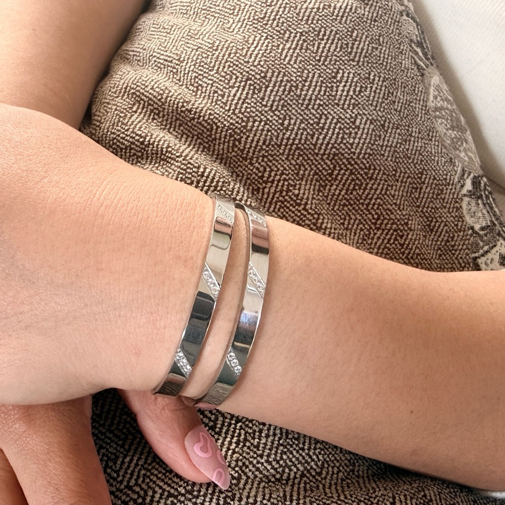 Silver Crystal Accent Hinged Bangle Bracelets - image 2